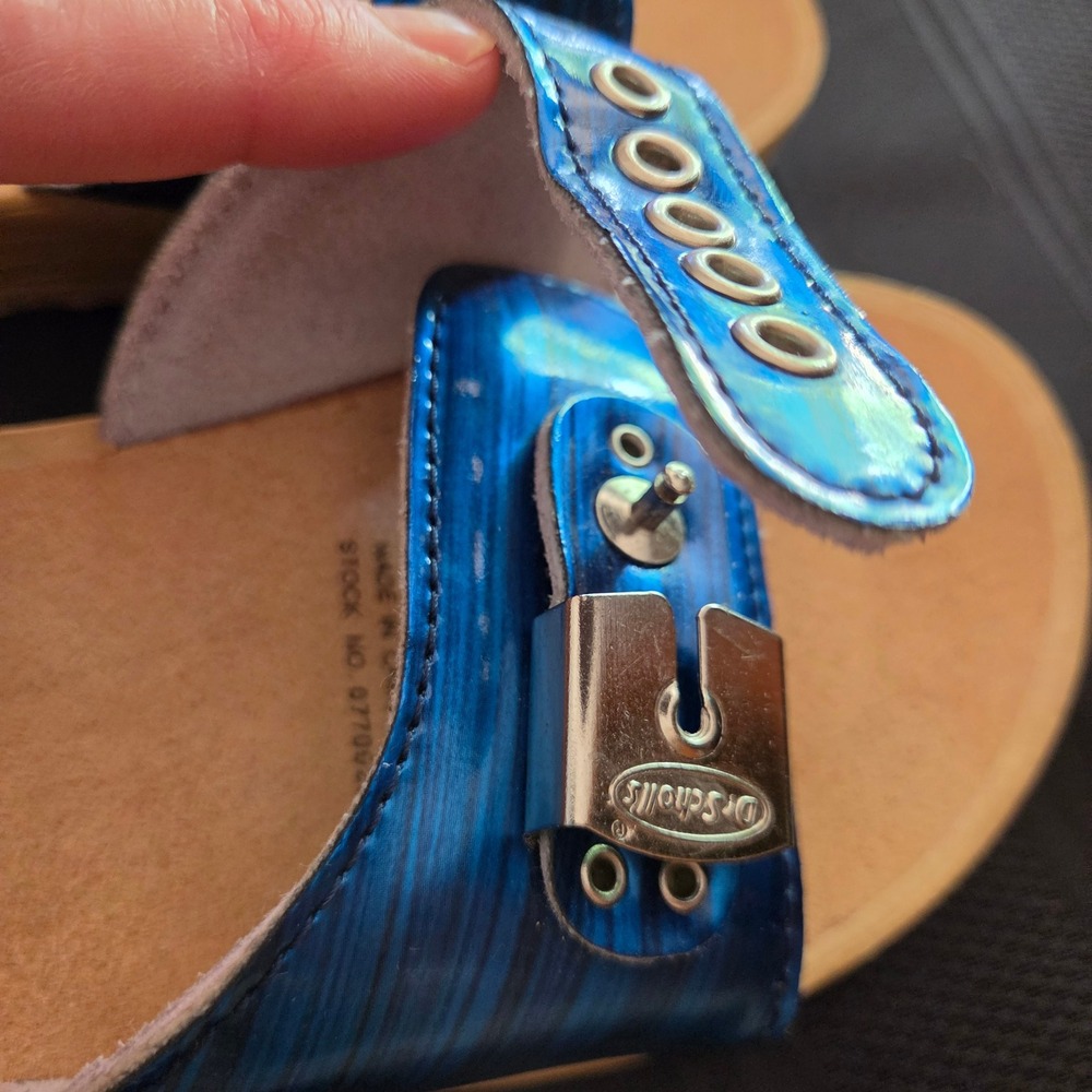 Dr Scholls Sandals Women Size 8.5 Blue Metallic Wooden Buckle Slides - Picture 7 of 9